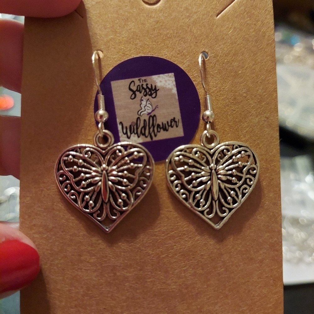 Hand Crafted Heart Butterfly Earrings